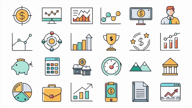 una colección de iconos de negocios incluyendo un reloj un reloj y un informe financiero