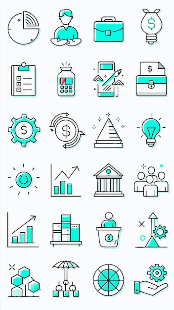 una colección de iconos de negocios con un plan financiero en la parte superior
