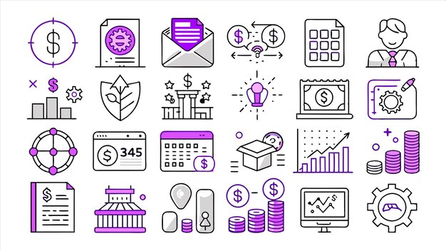 una colección de iconos de negocios que incluye un conjunto de iconos con una tarjeta de visita y una tarjeta de negocios