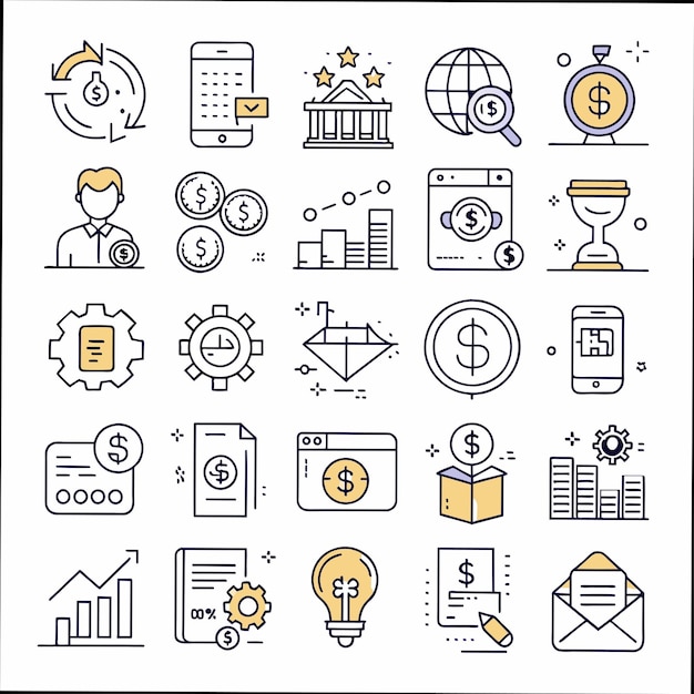 una colección de iconos de negocios que incluye un reloj de negocios e iconos de negocio