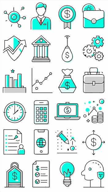 una colección de iconos de negocios que incluyen una calculadora una calculadora y una calculadora