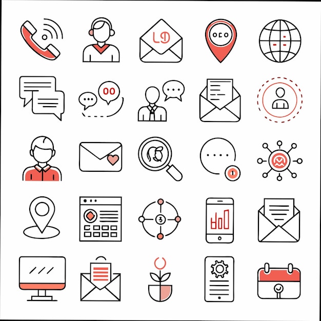 una colección de iconos de negocios que incluyen un círculo rojo y negro con un punto rojo