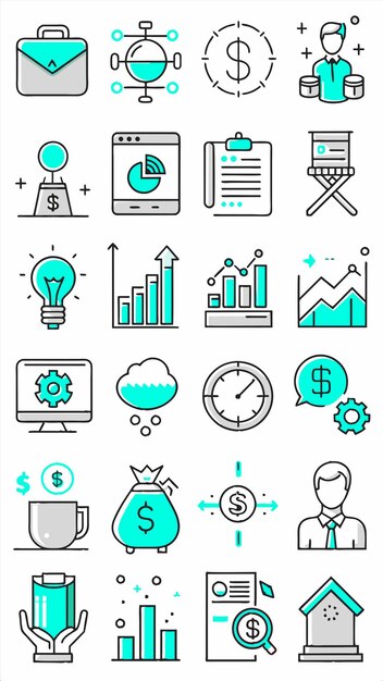 una colección de iconos de negocios que incluyen un gráfico y un gráfico