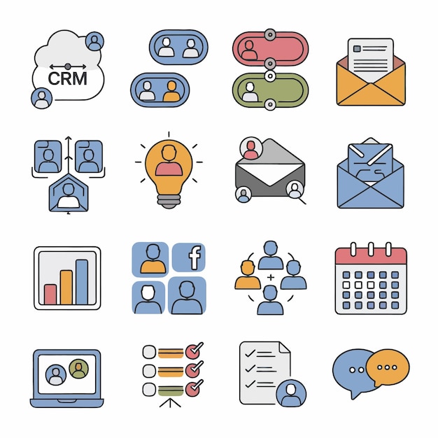 una colección de iconos de negocios que incluyen una letra y una nube