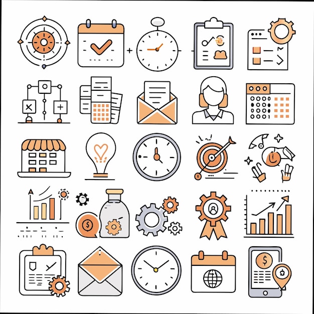 una colección de iconos de negocios que incluyen un reloj un calendario y un gráfico que dice la hora