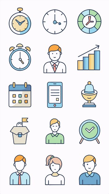 una colección de iconos de negocios que incluyen un reloj un gráfico un gráfico y un gráfico con un gráfico