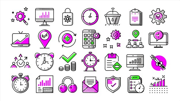 una colección de iconos de negocios que incluyen un reloj una llave y un diagrama de una tarjeta de visita