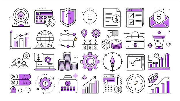 una colección de iconos de negocios que incluyen un reloj y un mapa del mundo