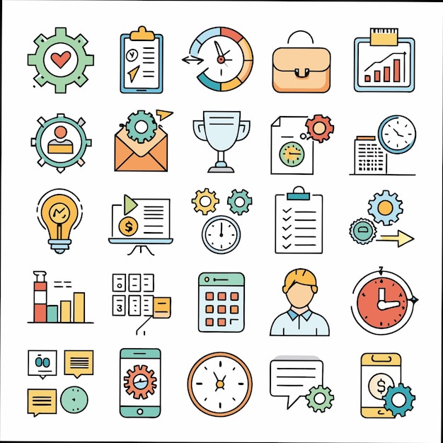 una colección de iconos de negocios que incluyen un reloj reloj y reloj