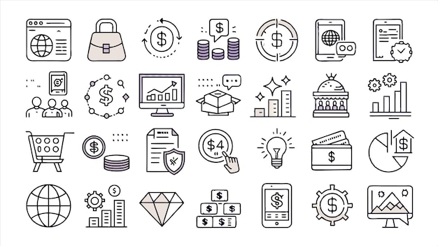 una colección de iconos de negocios que incluyen un signo de dólar la palabra financiera