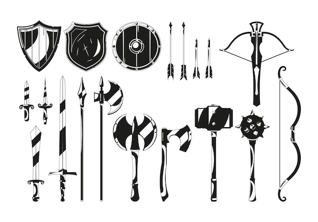 Colección de íconos negros con varias armas medievales perfectas para diseños históricos y de fantasía