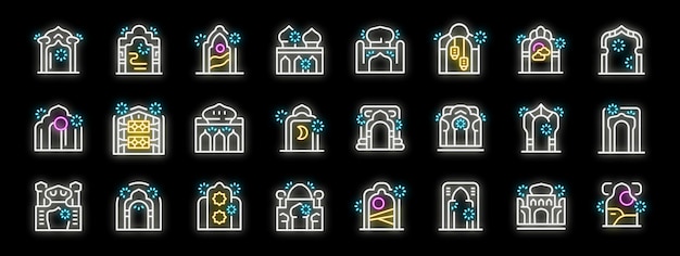 Colección de iconos de neón que representan la arquitectura islámica y las celebraciones
