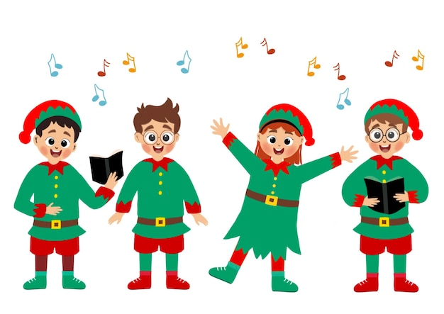 colección de iconos de niños lindos y felices cantando y usando trajes de Navidad de elfos verdes