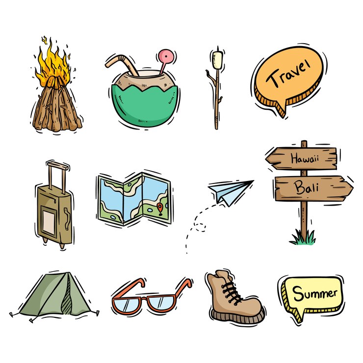 Vector colección de iconos o elementos de viaje con estilo dibujado a mano
