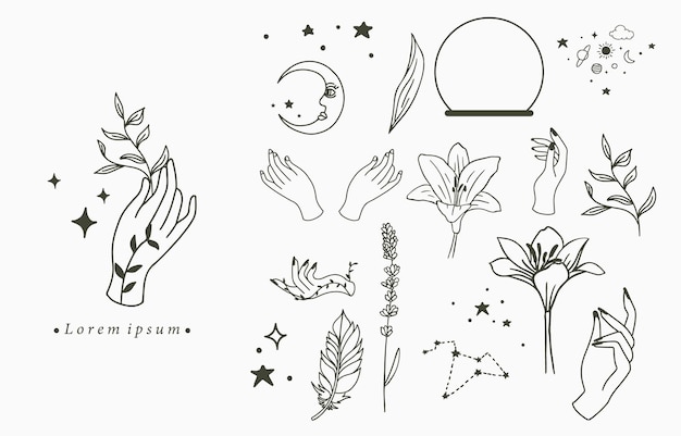 Colección de iconos ocultos de belleza con handgeometriccrystalmooneyestar