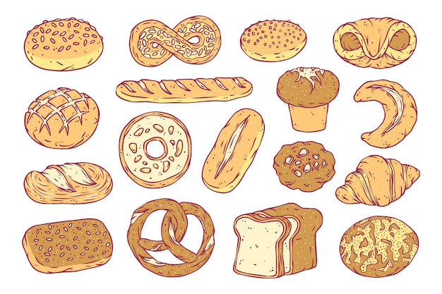 Vector colección de iconos de panadería dibujados a mano