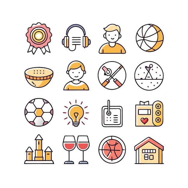 Colección de iconos de pasatiempos e intereses para documentos, sitios web y aplicaciones móviles
