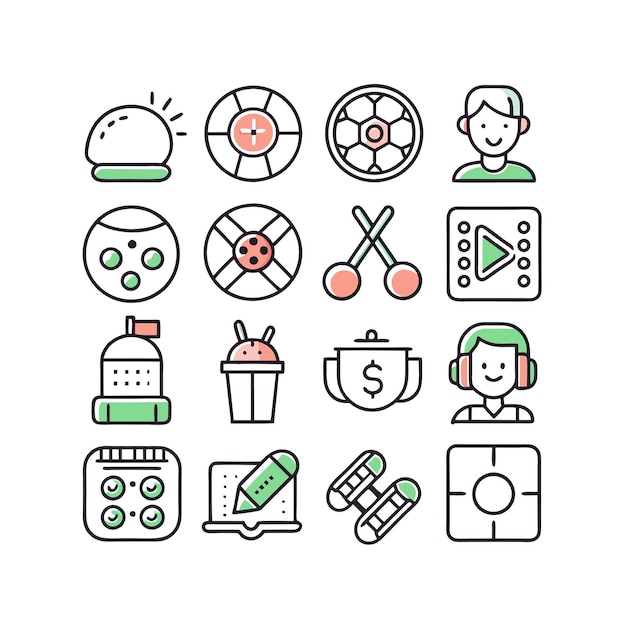 Colección de iconos de pasatiempos e intereses para documentos, sitios web y aplicaciones móviles