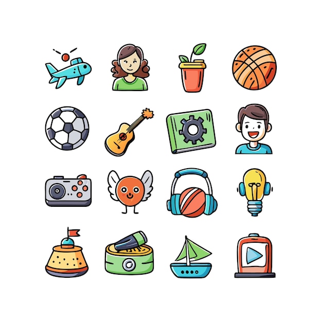 Colección de iconos de pasatiempos e intereses para documentos, sitios web y aplicaciones móviles