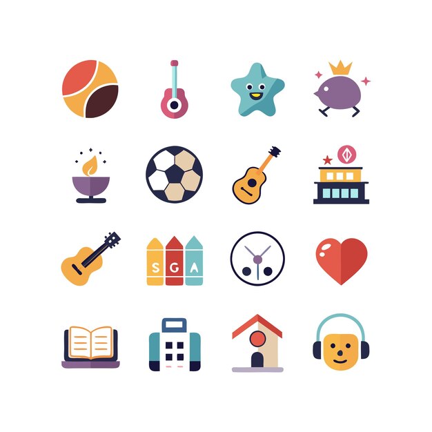 Colección de iconos de pasatiempos e intereses para documentos, sitios web y aplicaciones móviles