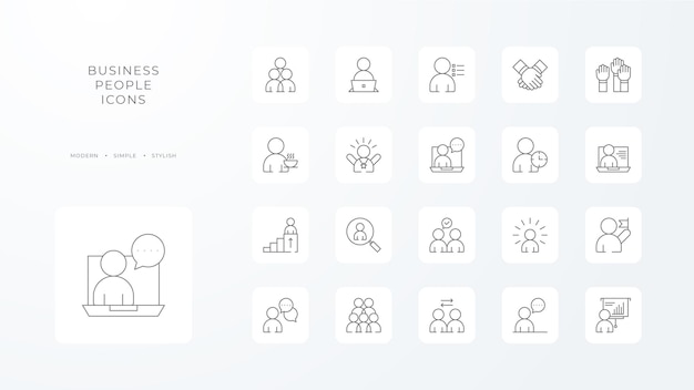 Colección de iconos de personas de negocios con estilo de contorno negro dinero tecnología finanzas idea estrategia gestión de trabajo en equipo ilustración vectorial