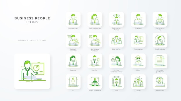 Colección de iconos de personas de negocios con estilo de contorno verde persona empresario equipo trabajo en equipo gerente conjunto símbolo vector ilustración