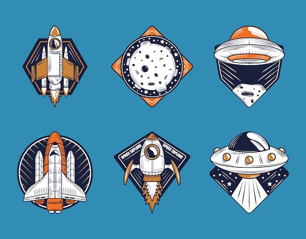la colección de iconos de placa espacial incluye nave espacial luna ufo