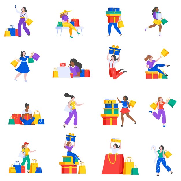 Colección de iconos planos de chicas de compras con personajes humanos aislados de mujeres sosteniendo bolsas y cajas de regalo ilustración vectorial