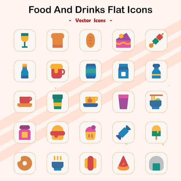 Colección de iconos planos de comida y bebida