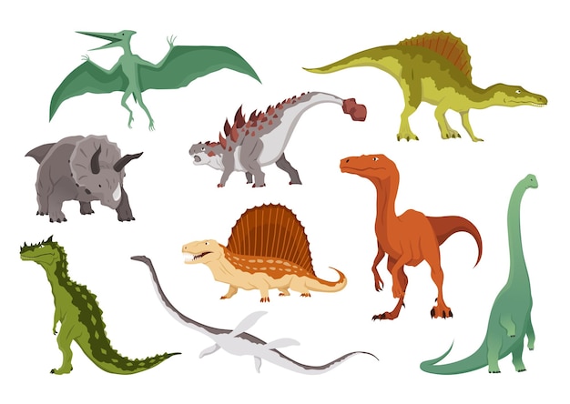 Colección de iconos planos de dinosaurios. monstruos de reptiles prehistóricos aislados coloreados sobre fondo blanco. conjunto de animales dino de dibujos animados vectoriales que incluyen pteranodon, triceratops, allosaurus, dimetrodon.