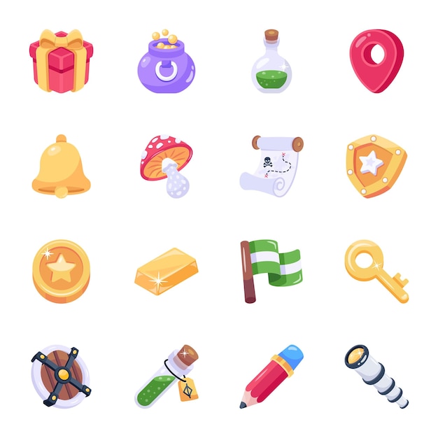 Colección de iconos planos de elementos de juego