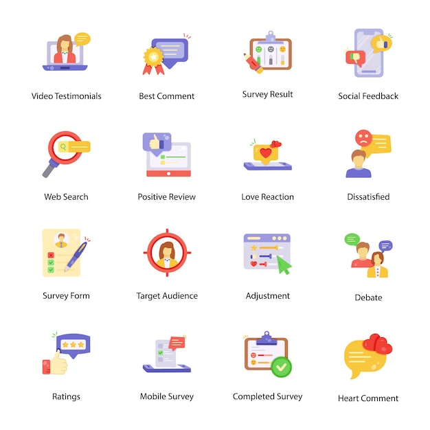 Colección de iconos planos de encuesta al cliente