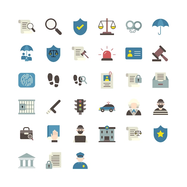 Colección de iconos planos de la ley y la policía