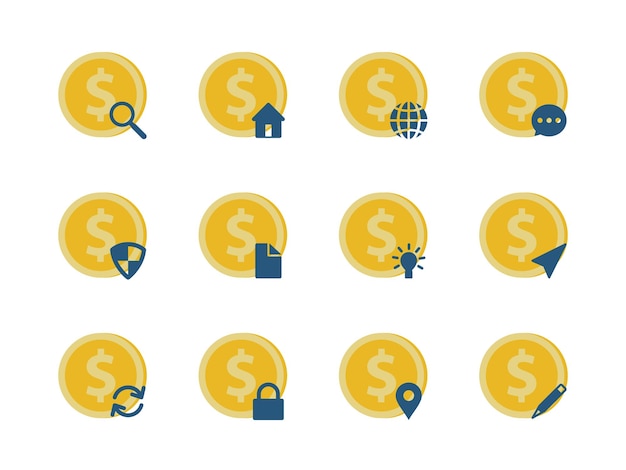 colección de iconos planos una moneda de oro para negocios financieros e inversiones