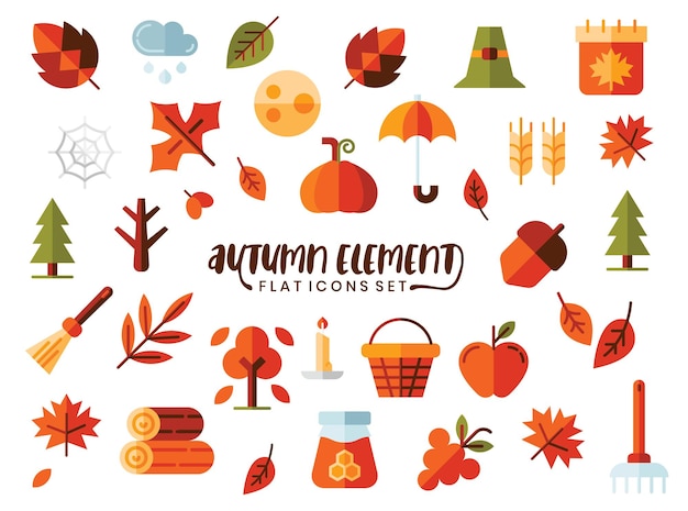 Colección de iconos planos de otoño Ilustración vectorial de elementos