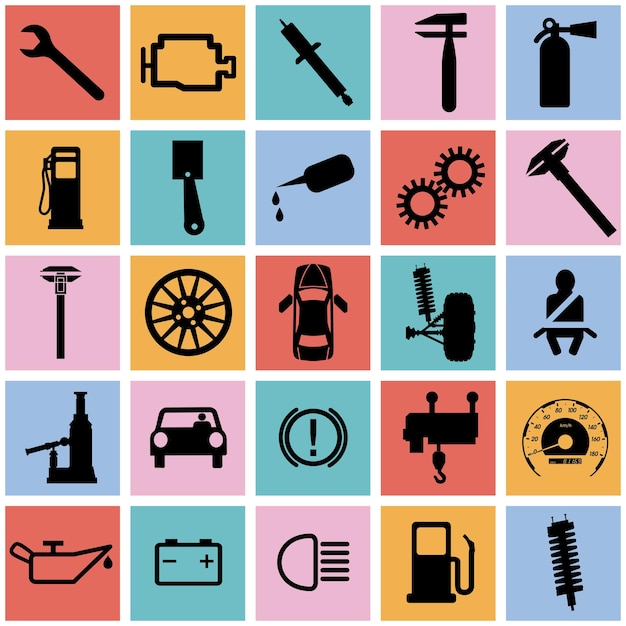 Colección de iconos planos Símbolos de coches Ilustración vectorial