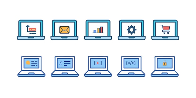 Colección de íconos de portátiles modernos para marketing y desarrollo digital
