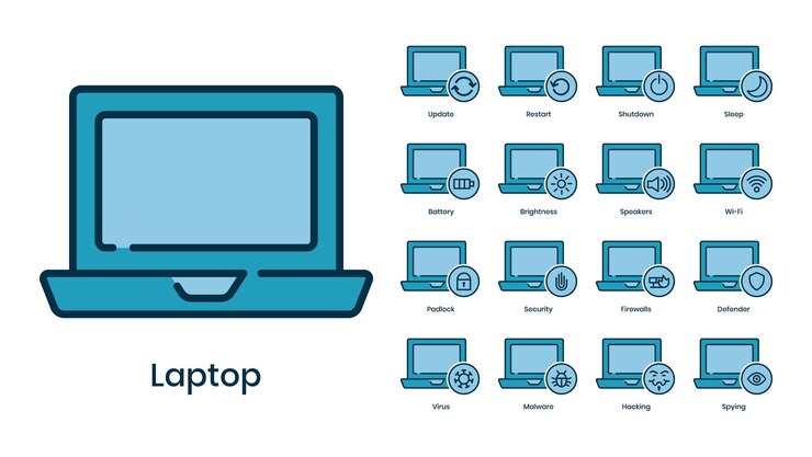 Vector colección de iconos de portátiles con varios símbolos de notificación en el lateral