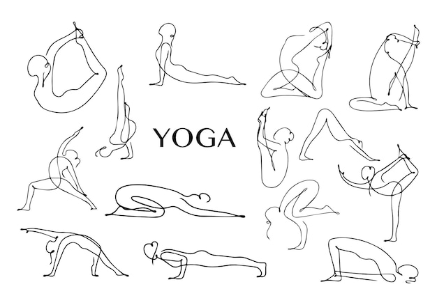 Una colección de íconos de posturas de yoga Line Woman of yoga poses Conjunto de iconos de poses de yoga lineales Pilates p