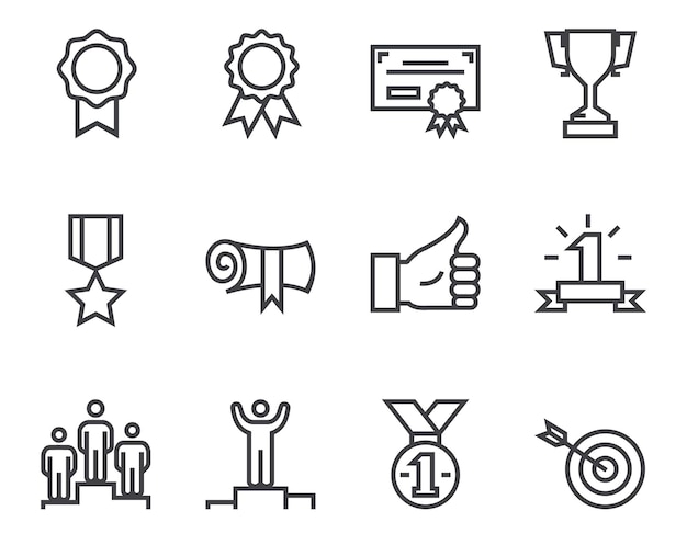 Colección de iconos de premios que representan trofeos, medallas y certificados