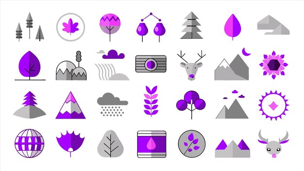 una colección de iconos púrpura y púrpura con árboles y hojas púrpuras