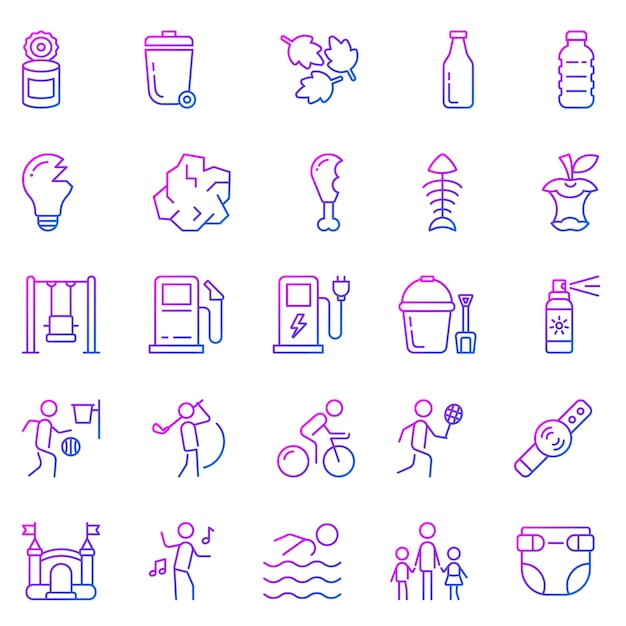 Una colección de iconos púrpuras y azules sobre un fondo blanco