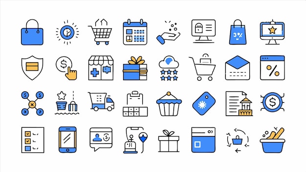 una colección de iconos que incluye una caja azul con un logotipo azul que dice quot regalo quot