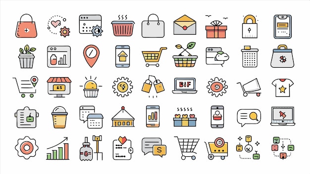 una colección de iconos que incluye un calendario con un reloj y un carrito de compras