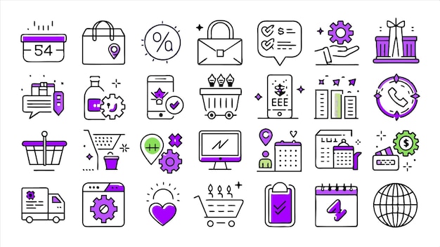 una colección de iconos que incluye una computadora y un calendario con la palabra tienda en él