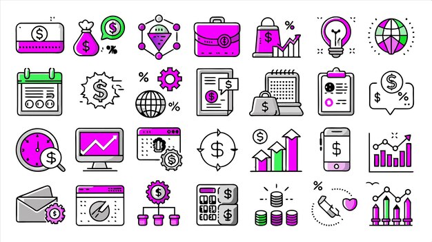 una colección de iconos que incluye una computadora y un gráfico con la palabra financiera en él