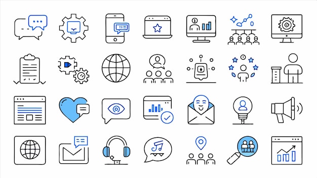 una colección de iconos que incluye una página web la web del mundo y el mundo