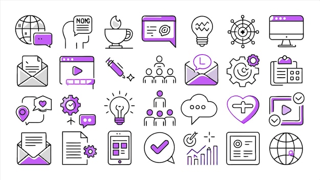 una colección de iconos que incluye una pantalla de computadora con un fondo púrpura y blanco