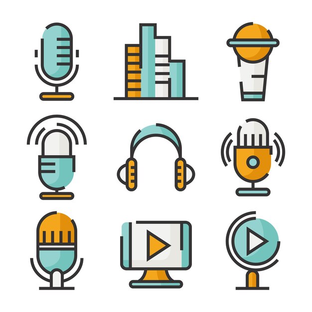 una colección de iconos que incluye un sistema de video y sonido