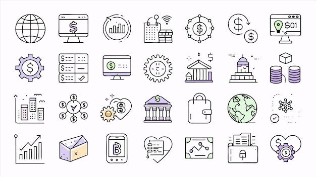 una colección de iconos que incluyen un billete de un dólar y un billette de un dólar